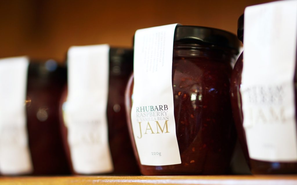 selective focus photography of Rhubarb Jam jars